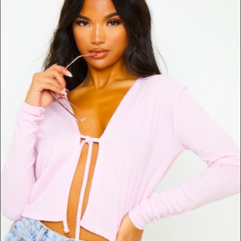 Pretty Little Think Top! / Open Front Long Sleeve Pink Top with Tie / Light Pink